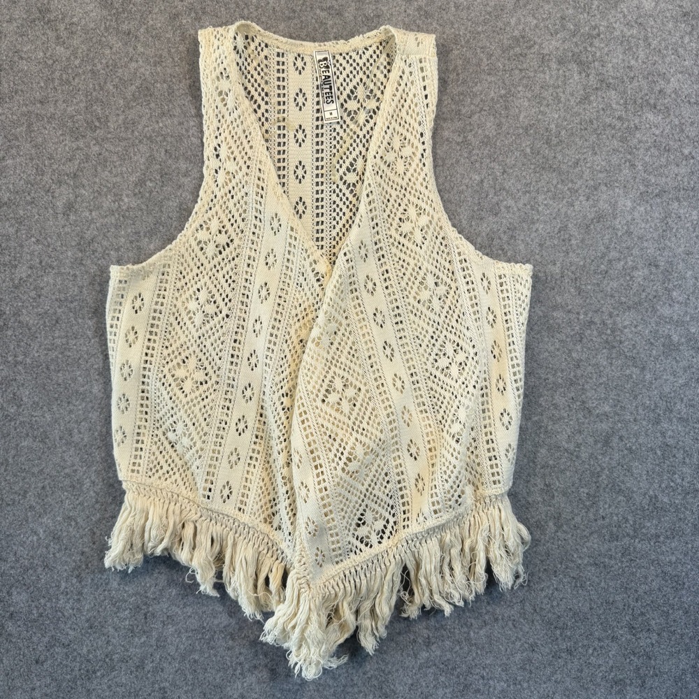Beautees Crochet Lace Fringe Vest Medium Ivory Boho Festival Layering